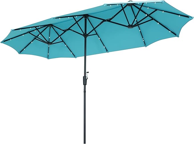 13Ft Large Patio Umbrella with Solar Lights Outdoor Double-Sided Market Table Umbrella Easy Crank for Yard, Poolside, Deck-Blue