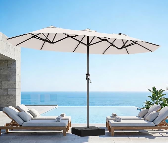 AreShark 15ft Patio Umbrella with Base, Double Sided Outdoor Umbrella with 12 Fiberglass Ribs, Large Outdoor Umbrella for Garden, Pool, Deck, Backyard & Market, Cream White