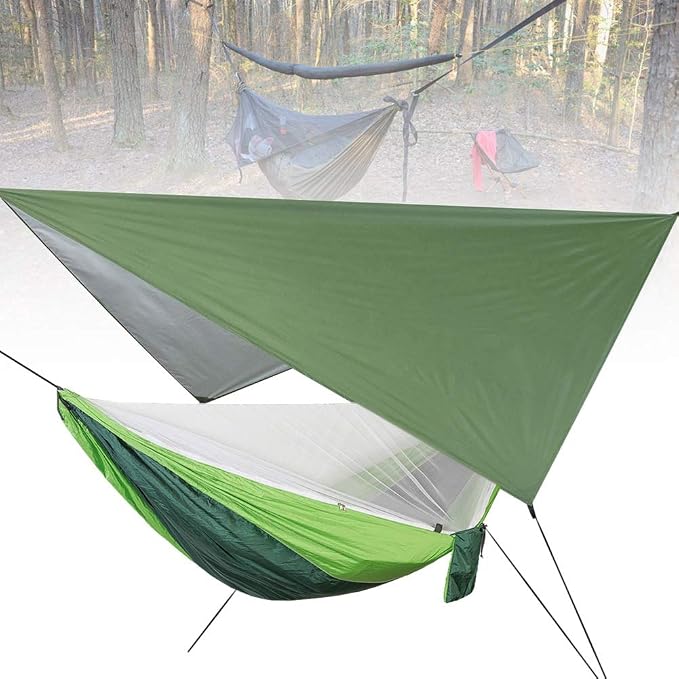 Portable Hanging Camping Hammock with Net and Rain Canopy, Outdoor Hammock for Courtyard Garden Beach Travel, 210T Nylon Hammock with Steel Buckles for 2 Persons