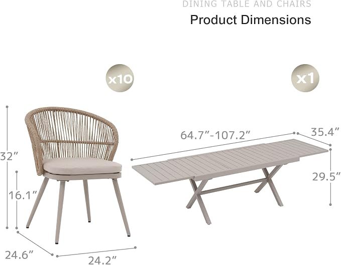 SUNSITT 11 Piece Outdoor Patio Dining Set, 65" - 107" Metal Expandable Outdoor Dining Table with X-Shape Legs, 10 Woven Wicker Outdoor Patio Chairs w/Removable Cushions for Garden, Beige