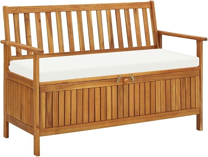 Patio Storage Bench with Cream White Cushion, Outdoor Wooden Deck Box, Solid Wood Patio Furniture for Outdoor Cushions, Pool Storage and Garden Tools, 47.2"x24.8"x33.1", -328