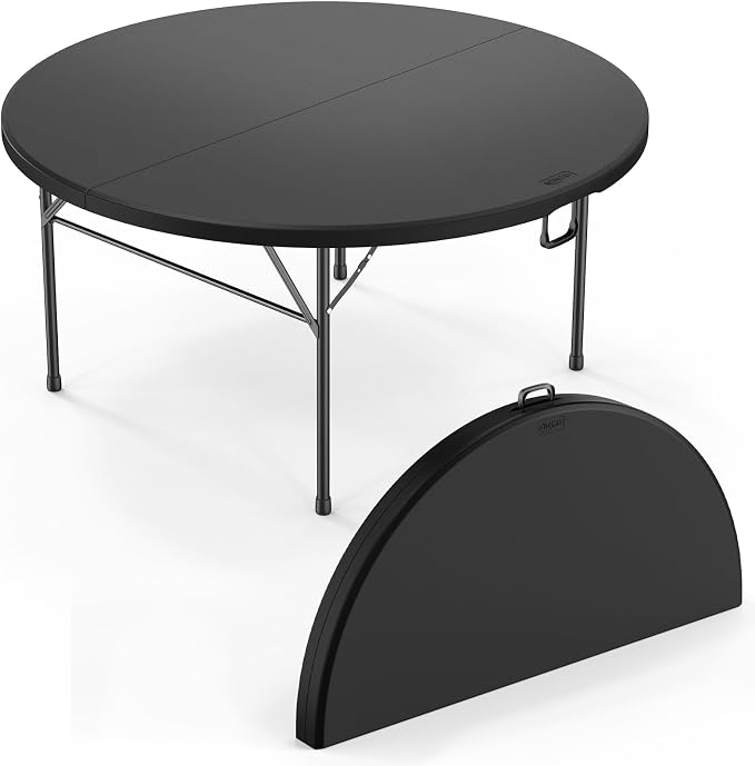 VINGLI 5 FT Black Round Bi-Folding Commercial Table, 60 inch Portable Plastic Dining Card Table for Kitchen Party Wedding Event, 4-Pack