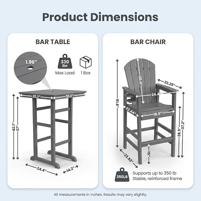 3-Piece HDPE Bar Height Table and Chairs Set, 42.1" Square High Top Pub Table with Umbrella Hole, 2 Adirondack Charis with Cup Holders, Outdoor Patio Dining Set for Bistro Backyard Deck Gray