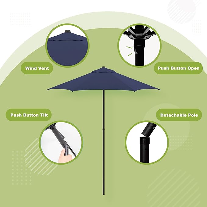 Sunline 7.5 ft Patio Umbrella with Crank & Push Button Tilt, Outdoor Market Umbrella with UV Protection & Wind Vent, Metal Frame for Deck, Pool & Table, Navy Blue