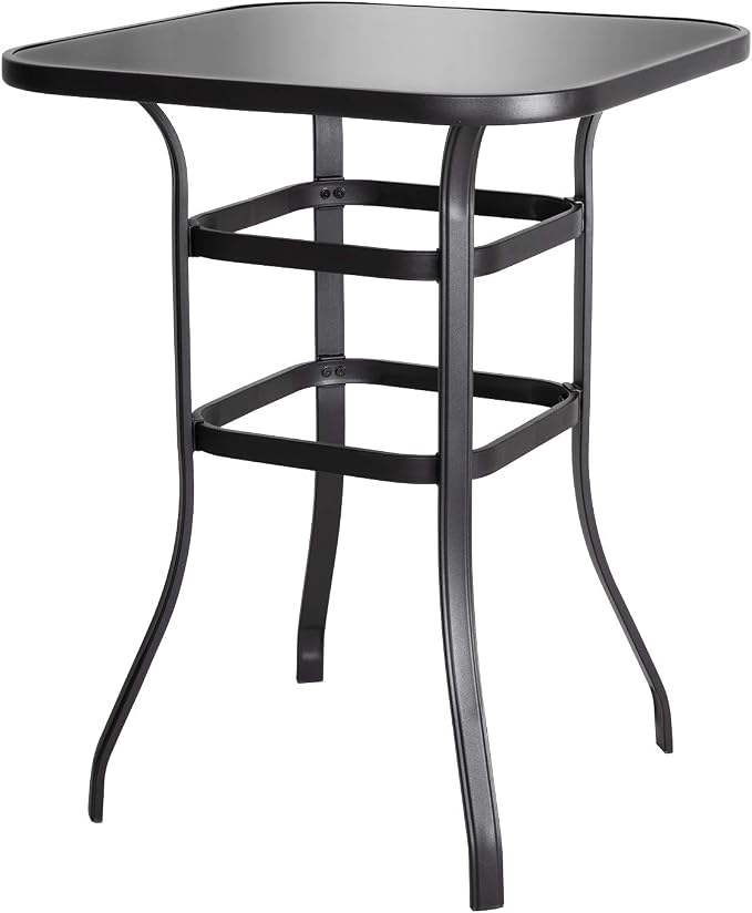 NUU GARDEN Patio Bar Table 32 Inch Outdoor Bar Height Bistro Table with Tempered Glass Table Top and Powder-Coated Iron Frame for Patio, Backyard, Cafes, Black