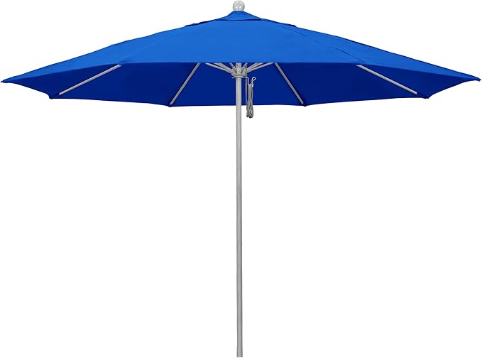 California Umbrella 11Ft Commercial Grade Sunbrella Fabric Market Umbrella, Pulley Lift, Aluminum/Fiberglass, 2mm pole wall, Silver Frame, Pacific Blue Fabric