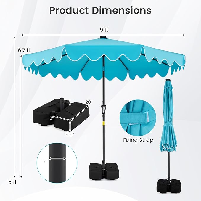 Tangkula 9 FT Solar Patio Umbrella with Base Included, 2-Tiers Outdoor Scalloped Table Umbrella with 32 LED Lights, 2 Sandbags, Tilt Adjustment, Crank, 8 Ribs for Market Backyard Pool Deck Beach Lawn