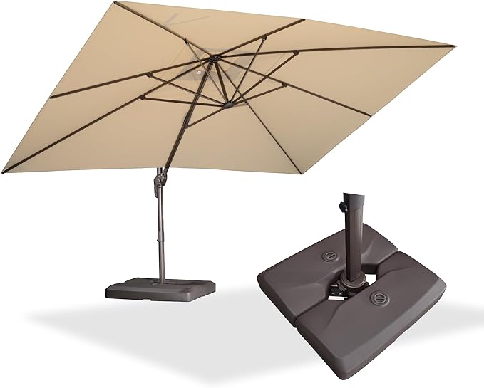 PURPLE LEAF 10' X 13' Patio Cantilever Umbrella with Base Rectangle Umbrella Outdoor with Aluminum Offset Antique Bronze Hanging and 360° Rotation for Pool Garden Deck Patio, Beige