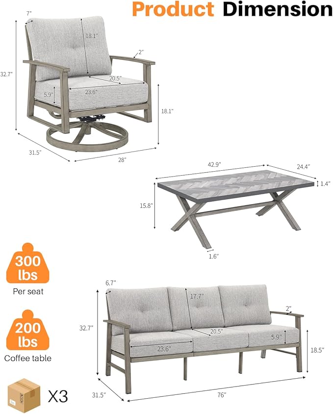 Outdoor Patio Furniture Set, 4 Pieces Aluminum Swivel Chairs Patio Conversation Set with Cushions, All Weather Outdoor Sectional Couch Sofa Set for Deck, Lawn, Poolside, Backyard, Limed Oak