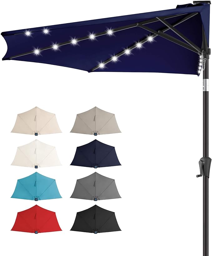 FLAME&SHADE 9 FT Solar Half Patio Umbrella with 25 LED Lights, Half Outdoor Umbrella with Button Tilt, Half Round Table Umbrella For Deck, Backyard, Balconies, Decks, Rvs, UV Protection (Navy Blue)