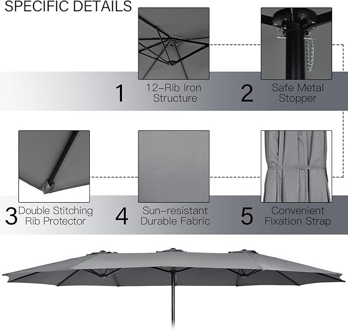 Tangkula 15FT Double-Sided Patio Umbrella with Base, Extra-Large Market Umbrella W/Crank System, Outdoor Twin Umbrella W/ 12-Rib Metal Structure & Air Vents for Garden, Backyard, Poolside (Gray)