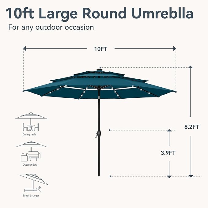 GREEN PARTY 10ft Patio Umbrella with Solar Lights, Auto-Tilt Lighted Market Table Umbrellas with Crank, 8 Sturdy Ribs & 1.5" Pole outdoor umbrellas for Patio Garden Deck Backyard Pool, Cerulean