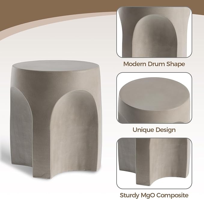 COSIEST Set of 2 Concrete Side Table Drum Shape, 2 Pieces Outdoor Side Table, Patio Accent Cement End Tables, Garden Decorative Stool, Plant Stand Drum Table, Grey