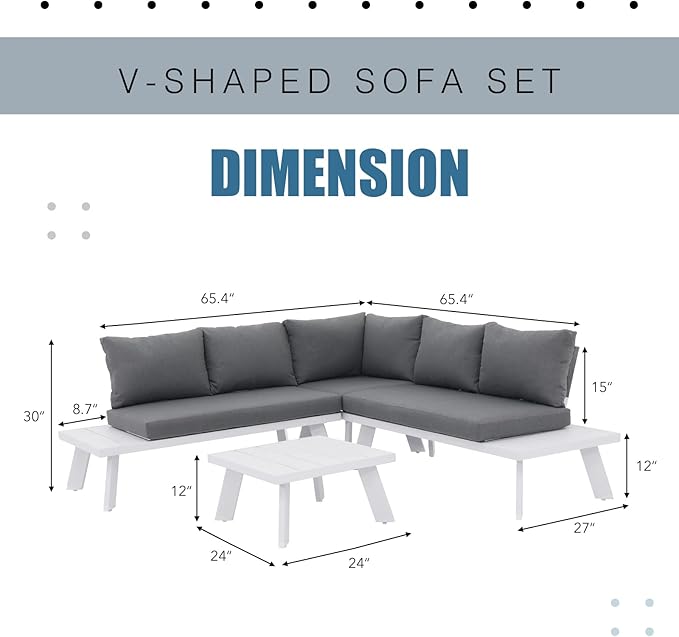 Soleil Jardin 4-Piece Outdoor Patio Furniture Set L-Shaped Aluminum Sectional Sofa with Coffee Table All-Weather Patio Conversation Set with Cushions, White