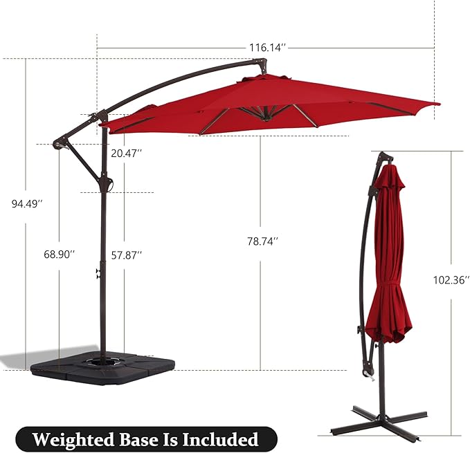 10FT Patio Umbrella, Outdoor Offset Cantilever Umbrella with Sturdy 8 Ribs and Reinforced Base, Easy Tilt Adjustment for Backyard Pool Garden,Red