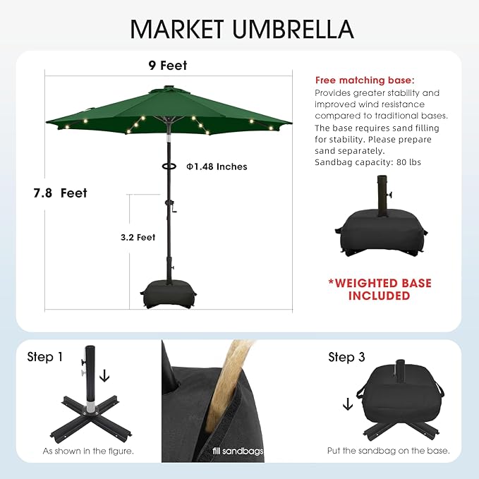 wikiwiki 9FT Solar Led Patio Umbrella with Base Included, 32 LED Lights, 8 Sturdy Ribs, Fade Resistant Waterproof POLYESTER DTY Canopy for Garden, Lawn, Deck, Backyard & Pool, Dark Green