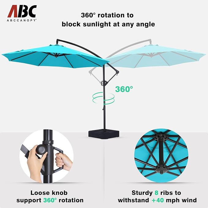 ABCCANOPY 10FT Cantilever Patio Umbrella with base included, 360° Rotation Outdoor Offset Umbrella Bonus Fix Frame & Weights Bag for Backyard, Deck, Poolside (Turquoise)