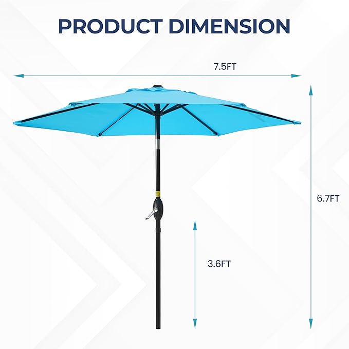 Wisteria Lane Outdoor Patio Umbrella, 7.5' Patio Umbrella, Market Umbrella, Large Outdoor Umbrella, Metal Pole Umbrella with Push Button Tilt and Crank, Polyester Canopy