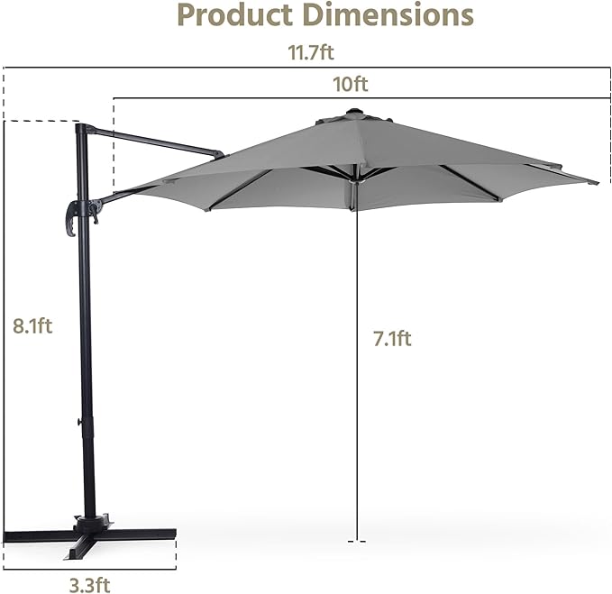LAUSAINT HOME 10FT Round Outdoor Cantilever Umbrella, Offset Patio Umbrella with 360° Rotation & 5-Angle Adjustment, Aluminum Pool Umbrella for Garden Deck,Grey