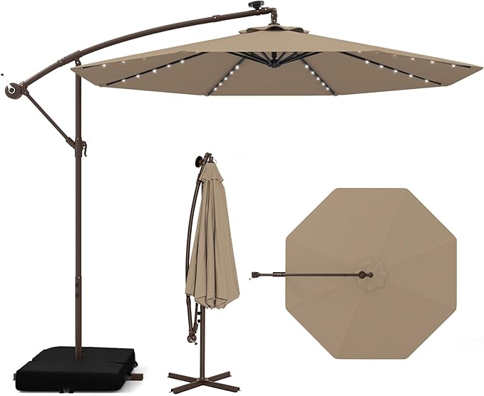 Tangkula 10FT Offset Patio Umbrella with Base Included, Outdoor Cantilever Umbrella with 40 Solar LED Lights, Tilt Adjustment, Crank Handle, Vented Top, Sand Bags for Pool Yard Deck (Tan)