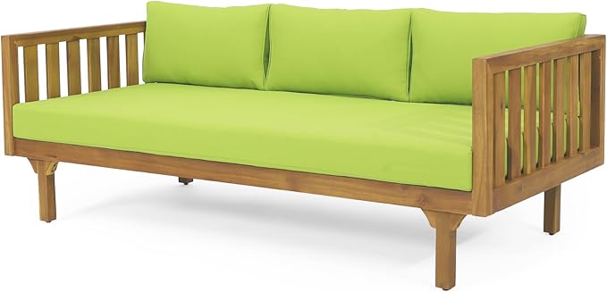 Christopher Knight Home Charm Patio Conversation Set, 3 Seater Acacia Wood Sofa, Spacious Seating Daybed, Wood Coffee Table, Round Side Table, Outdoor Furniture for Backyard Garden Gathering, Green