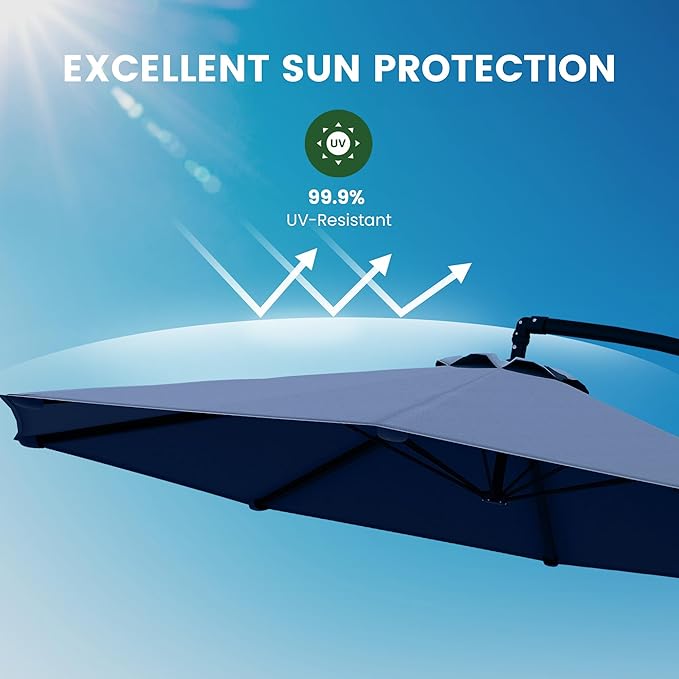OLILAWN Cantilever Offset Patio Umbrellas, Outdoor 10 feet Large Patio Umbrella with Base Included, Upgraded Yarn-dyed Fabric Shade, Sturdy 8 Rids, 360 Degree Rotation & Easy Tilt Adjustment, for Pool Deck Porch Backyard Garden, Sapphire