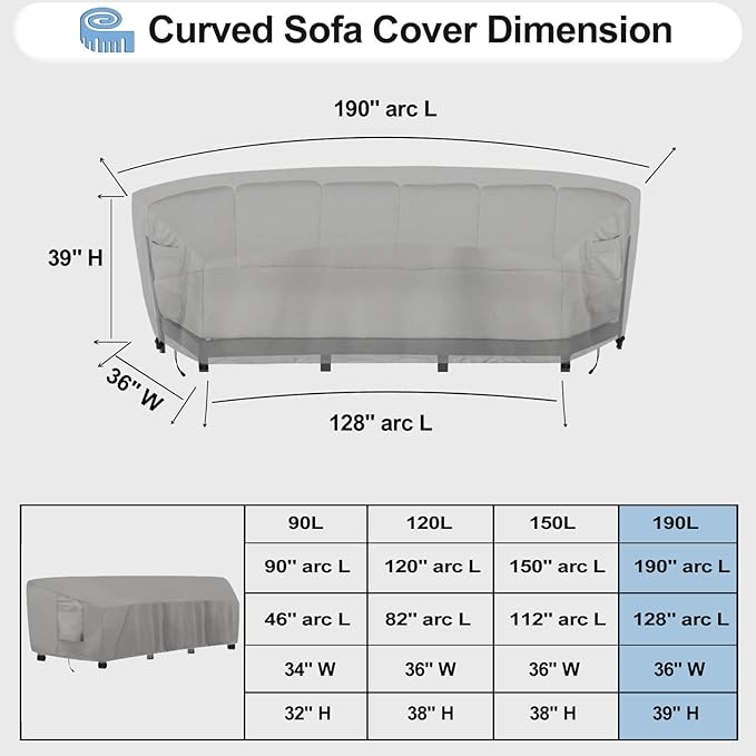 OutdoorLines Waterproof Curved Outdoor Sectional Cover - UV Resistant Windproof Patio Sectional Sofa Covers for Deck, Lawn and Backyard, Heavy Duty Furniture Covers (190Lx36Dx39Hx128FL, Grey)