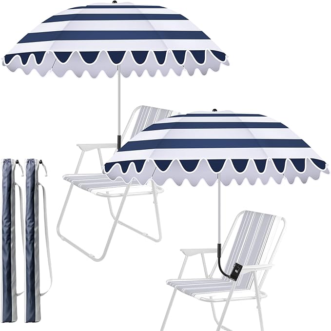 Abbylike 2 Pcs Scalloped Chair Umbrella with Universal Adjustable Clamp 38'' Portable Wheelchair Umbrella UPF 50+ Camping Chair Parasol with Bag for Outdoor Patio Lawn