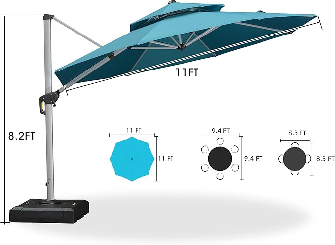 PURPLE LEAF 11 FT Cantilever Patio Umbrellas with Base Included, Large Round Offset Umbrella with 360° Rotation, Outdoor Aluminum Pool Umbrella for Pool Lawn Garden, Turquiose