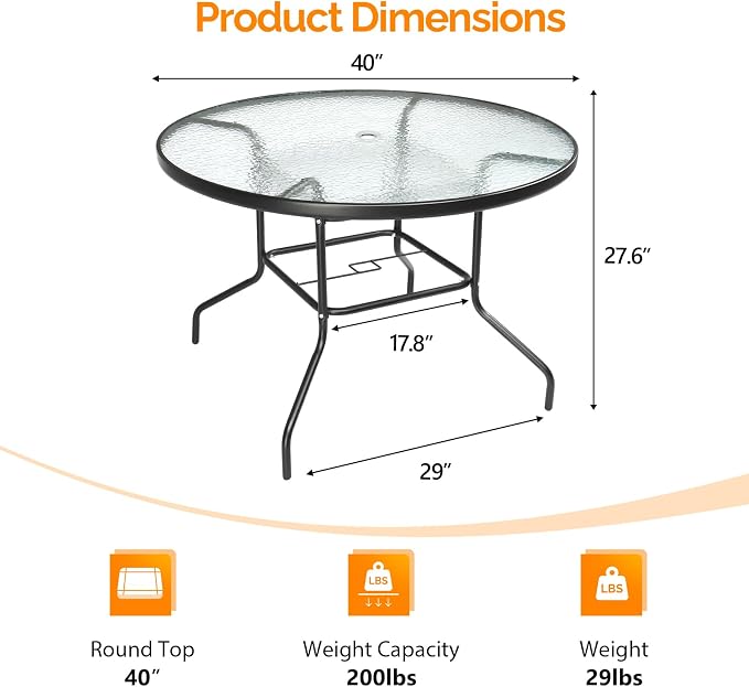 VINGLI 40'' Outdoor Dining Table with Umbrella Hole, All Weather Round Patio Table, Waterwave Tempered Glass Top and Metal Frame, for Garden Porch Balcony Yard