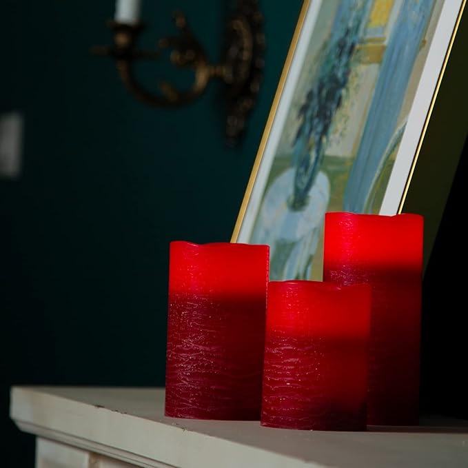 H-BLOSSOM Red Flameless Candles Real Wax LED Pillar Candles Battery Operated with Cycling 5H Timer Set of 3 (3" x 4"/5"/6") (Red)