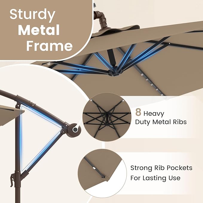 Tangkula 10FT Offset Patio Umbrella with Base Included, Outdoor Cantilever Umbrella with 40 Solar LED Lights, Tilt Adjustment, Crank Handle, Vented Top, Sand Bags for Pool Yard Deck (Tan)