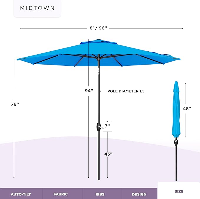 Midtown Umbrellas - 10-Year-No-Fade 8 Ft Patio Umbrella with Terylast Fabric, Auto-Tilt Aluminum Frame and 8 Reinforced Ribs for Deck, Pool, Garden & Beach - Cobalt Blue Canopy, Black Pole