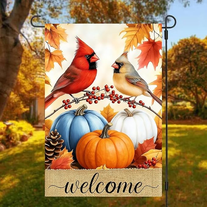 Welcome Fall Pumpkin Cardinal Garden Flags 12x18 Double Sided, Small Burlap Autumn Thanksgiving Farmhouse Outdoor Fall Decorations Yard Porch Lawn Flags for Outside