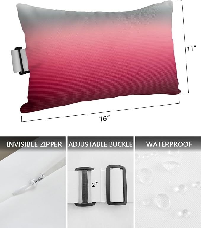 Outdoor Pillows Covers with Inserts Grey Red Ombre Stripe Line Gradient Waterproof Recliner Pillow with Adjustable Strap Throw Pillows for Patio Furniture Pool Lounge Chair, 11x16 Inch, 1PCS