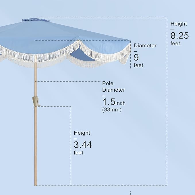 Tempera 9ft Blue Scalloped Patio Umbrella with Fringe,UV Protection Fade Resistant Canopy, 8 Sturdy Ribs, Outdoor Table Umbrella with Crank Tilt for Lawn, Pool, Deck, Balcony