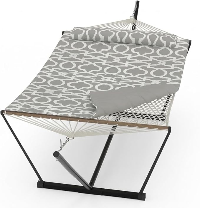 Double Hammock with Stand, Outdoor Quilted Padded Hammock with Heavy Duty Iron Frame, Portable Patio Swing Bed for Backyard Garden, 450 Lbs Capacity,Textured Dark Gray