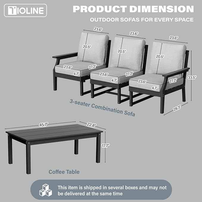 HDPE Patio Conversation Set, 4-Piece All Weather Outdoor Furniture Set with 3-Seater Modular Sofa for Deck, Lawn, with Cushion, Black