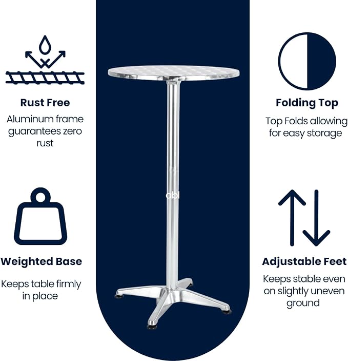 BTEXPERT Set of 2, Aluminum Indoor Outdoor 23.75" Round Restaurant Bar Height 45" Table flip top, Patio Stainless Steel Silver Furniture 25.75" Base