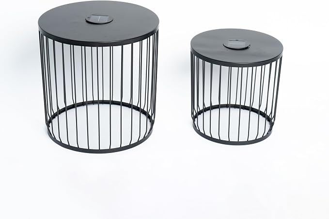 Solar Nesting Side Table Set of 2, Modern Black Metal Wire Round End Tables with Dusk to Dawn LED Light & On/Off Switch, Industrial Accent Tables for Patio, Balcony, Living Room, Garden (Solar 2)