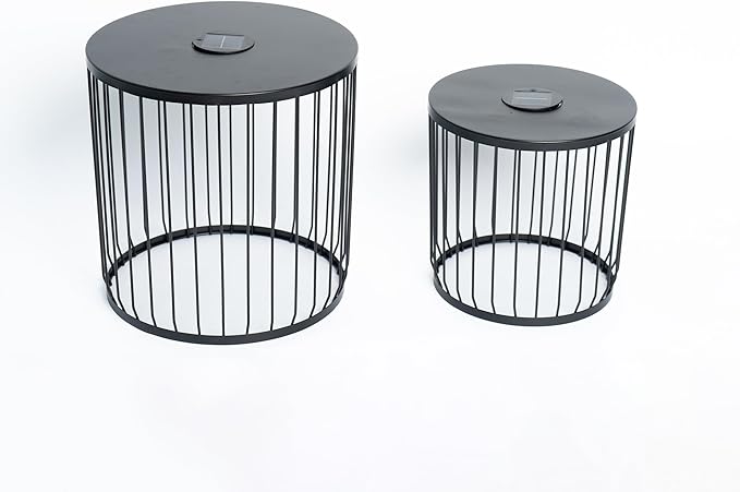 Solar Outdoor Side Table with Light Set of 2, Modern Round Patio Side Tables for Outside, Metal Outdoor End Accent Table for Living Room, Patio, Poolside, Backyard, Garden, Black