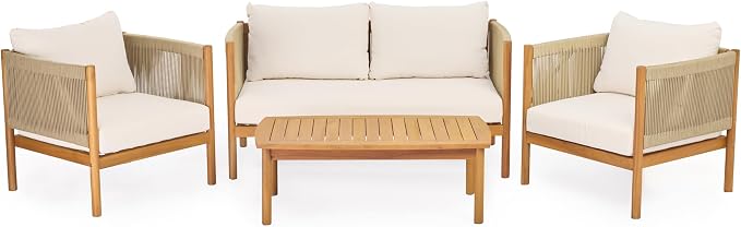 Merax 4-Piece Outdoor Sofa Set with Acacia Wood Frame in Teak Look, Beige Rope Panels & Cream Cushions, Patio Conversation Set with 2 Club Chairs, Loveseat & Coffee Table for Patio & Garden