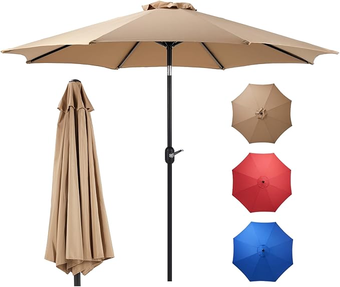 OLIXIS 9ft Patio Umbrella with Tilt and Crank Button & 8 Sturdy Ribs Waterproof, Patio Table Umbrella Perfect for Poolside, Terrace, Beach and Outdoor Restaurant, Khaki