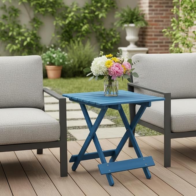 IRONORA Blue Solid Acacia Wood Folding Patio Side Table, Slatted Portable Outdoor End Table, Foldable Small Wooden Accent Table for Backyard Pool Balcony Beach Camping Indoor Use