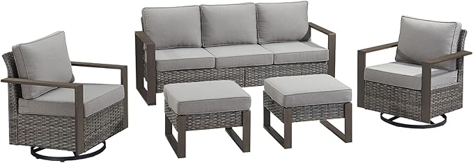 Rilyson Outdoor Wicker Patio Furniture Sets - 5 Piece Patio Conversation Set with 2 Wicker Swivel Rocker Chairs,2 Rattan Ottoman and 1 Couch,Thick Cushions,Deep Seating,Wide Armrest(Mixed Grey/Grey)