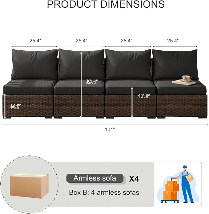 4 Pieces Patio Furniture Set, Outdoor PE Rattan Sectional Sofa with Soft Cushions for Backyard, Porch, and Poolside (Black, 4 PCS)