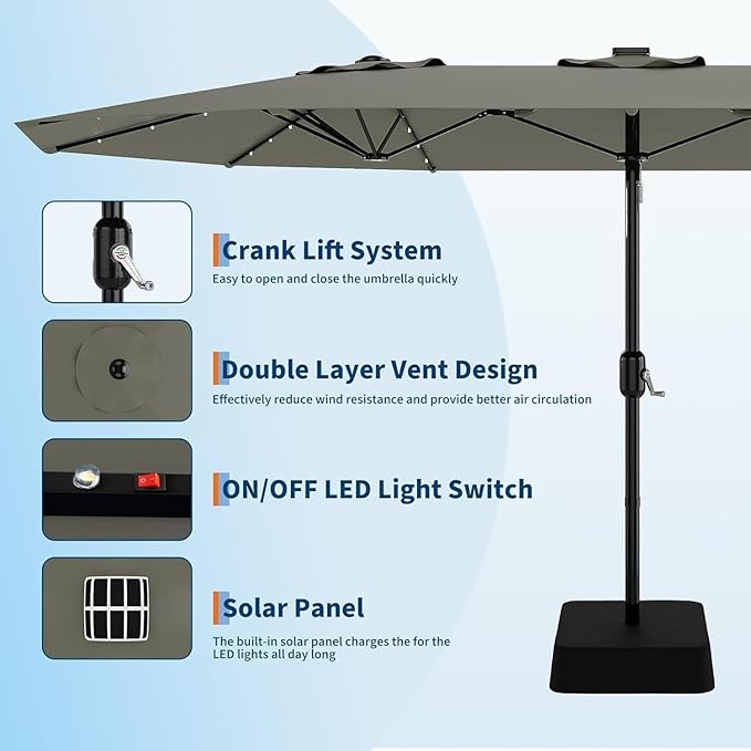 15FT Outdoor Patio Umbrella,Double-Sided Rectangle Market Umbrella with 36 LED Solar Lights & Base,UV50+ Weather-Resistant Oversized Outdoor Umbrella,Crank Lift,3-Way Shade for Pool,Garden,Backyard