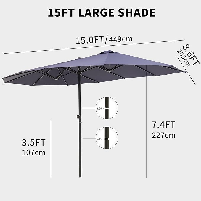15FT Large Double Sided Patio Umbrella, Aluminum Crank and Heavy Duty Carbon Steel Ribs Outdoor Umbrellas, Fade Resistant Rectangular Market Umbrella for Garden, Patio, Restaurant, Business, Deck, Backyard, Party, Navy Blue