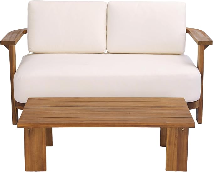 Christopher Knight Home Stella Acacia Wood 4 Piece Patio Furniture Set, Wooden Patio Conversation Set with Club Chair+Coffee Table, 4-Seater Outdoor Loveseat Sofa + Armchair and Table Set, Teak+Beige