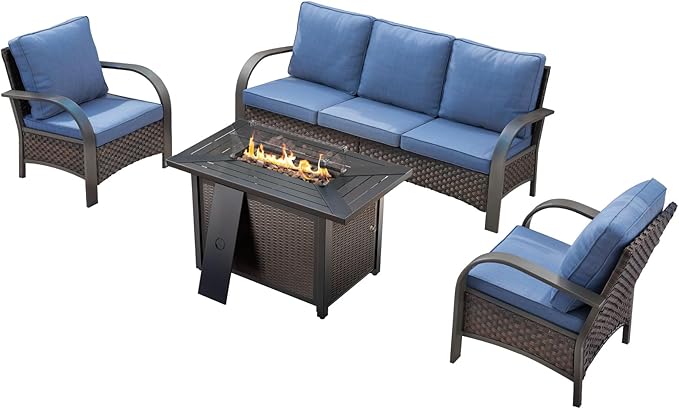 HUMMUH Wicker Patio Furniture Set with Fire Pit-Outdoor Wicker Chairs Set of 2 with Outdoor Patio Couch Outdoor Furniture Sets for Deck Porch Garden Poolside Backyard-Brown/Blue